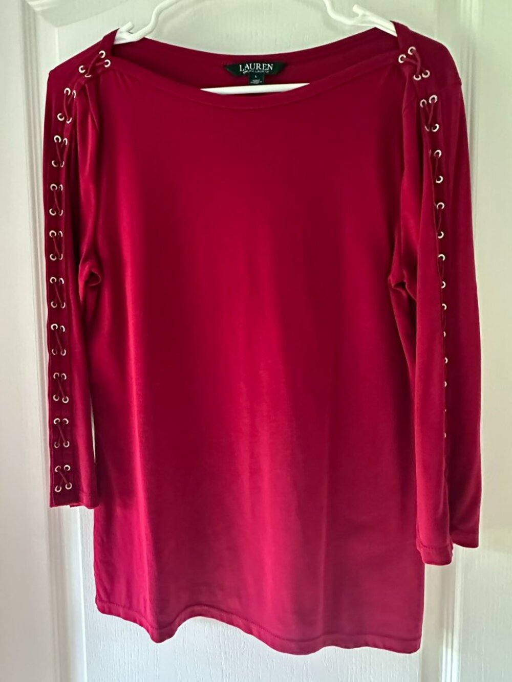 Lauren Ralph Lauren Burnt Red Knit 3/4 Sleeve Tee w/Lacing Detail Womens Size L